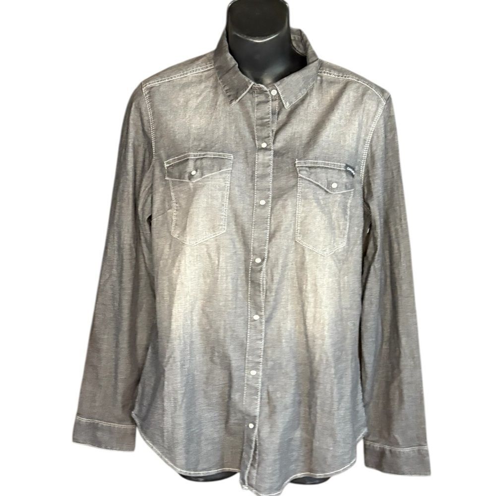 Calvin Klein Women M Grey Pearl Buttoned fitted long sleeve shirt